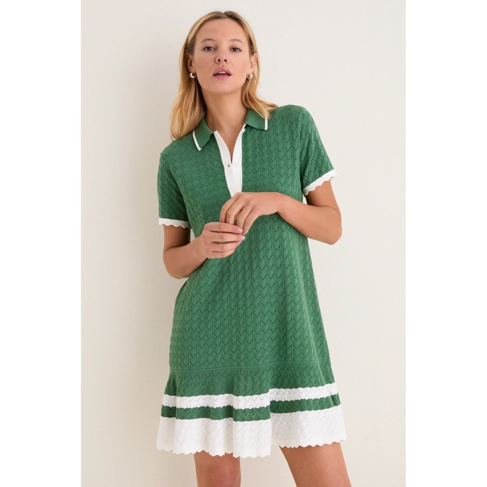 Tuckernuck Green White Pointelle Knit Polo Mini Dress Scalloped Hem Short Sleeve